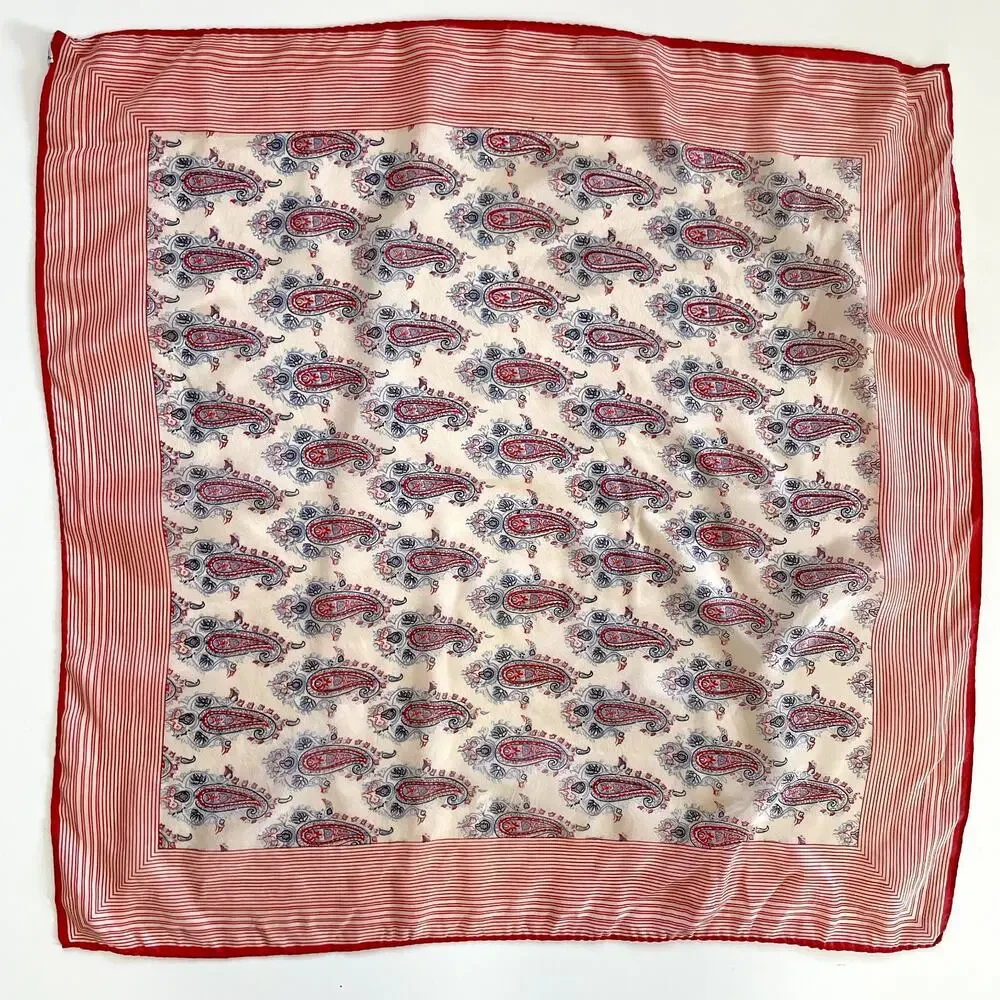 Vintage 70s Silk Square Scarf Paisley Red Ivory Old Money Quiet Luxury Parisian
